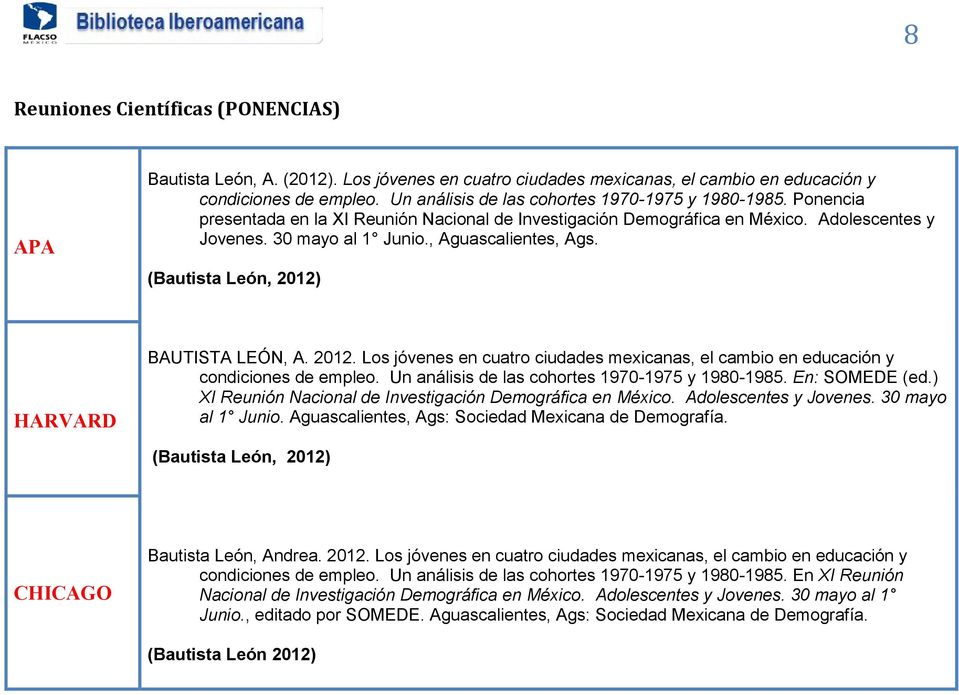 , Aguascalientes, Ags. (Bautista León, 2012) BAUTISTA LEÓN, A. 2012. Los jóvenes en cuatro ciudades mexicanas, el cambio en educación y condiciones de empleo.