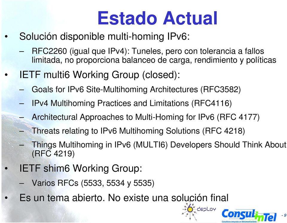 Limitations (RFC4116) Architectural Approaches to Multi-Homing for IPv6 (RFC 4177) Threats relating to IPv6 Multihoming Solutions (RFC 4218) Things