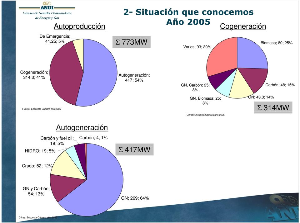 3; 41% Autogeneración; 417; 54% GN, Carbón; 25; 8% Carbón; 48; 15% Fuente: Encuesta Cámara año 2005 GN, Biomasa; 25; 8% GN; 43.