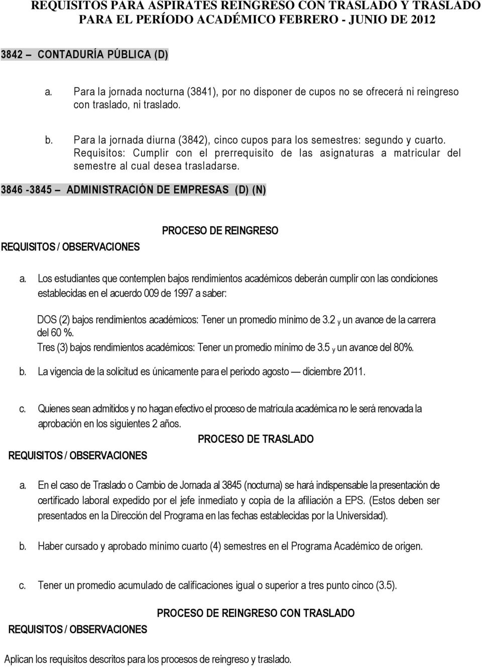 3846-3845 ADMINISTRACIÓN DE EMPRESAS (D) (N) REQUISITOS / OBSERVACIONES PROCESO DE REINGRESO a.