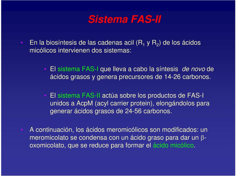 El sistema FAS-II actúa sobre los productos de FAS-I unidos a AcpM (acyl carrier protein), elongándolos para generar ácidos grasos de