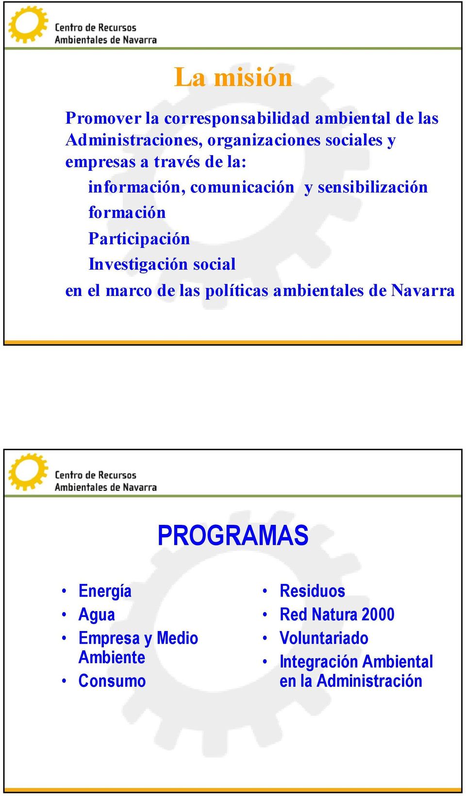 Investigación social en el marco de las políticas ambientales de Navarra PROGRAMAS Energía Agua