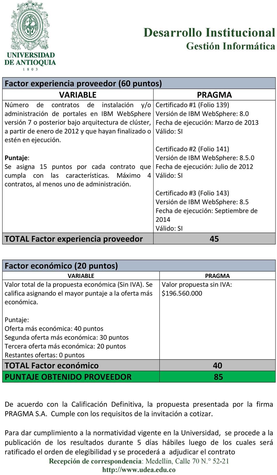 PRAGMA Certificado #1 (Folio 139) Versión de IBM WebSphere: 8.0 Fecha de ejecución: Marzo de 2013 Certificado #2 (Folio 141) Versión de IBM WebSphere: 8.5.