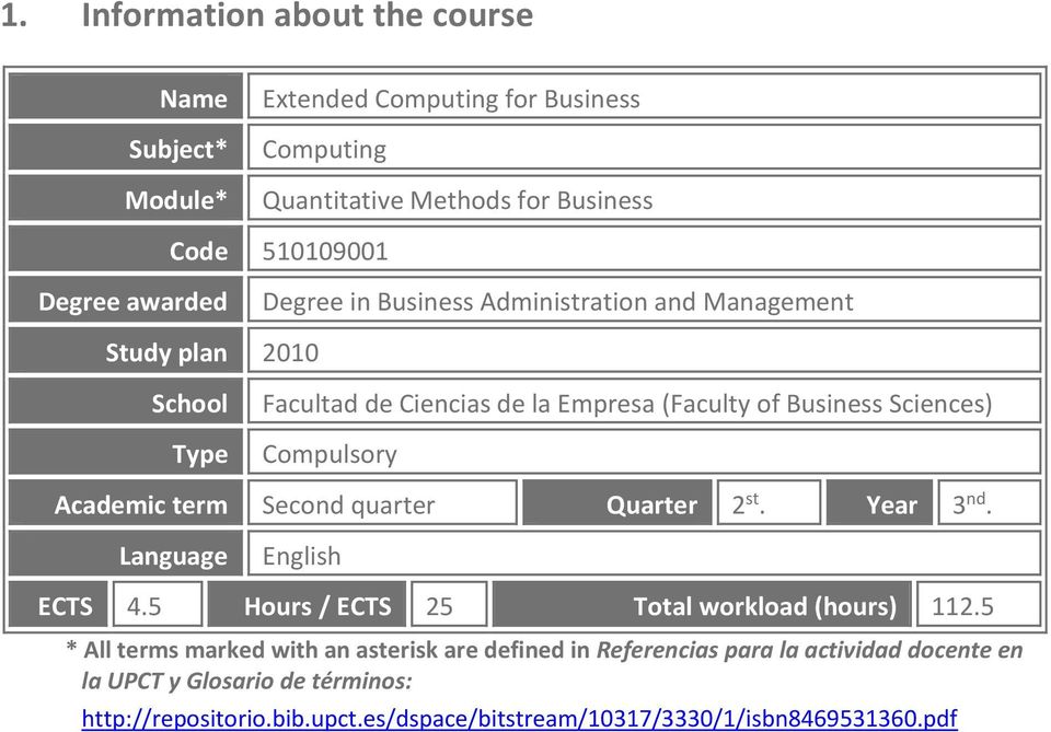 Academic term Second quarter Quarter 2 st. Year 3 nd. Language English ECTS 4.5 Hours / ECTS 25 Total workload (hours) 112.