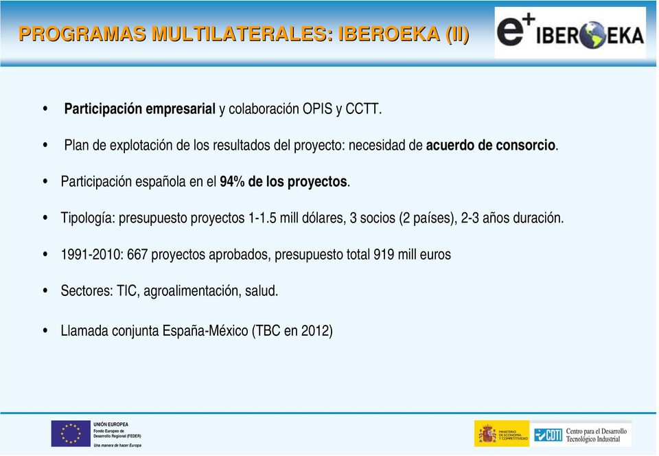 Participación española en el 94% de los proyectos. Tipología: presupuesto proyectos 1-1.
