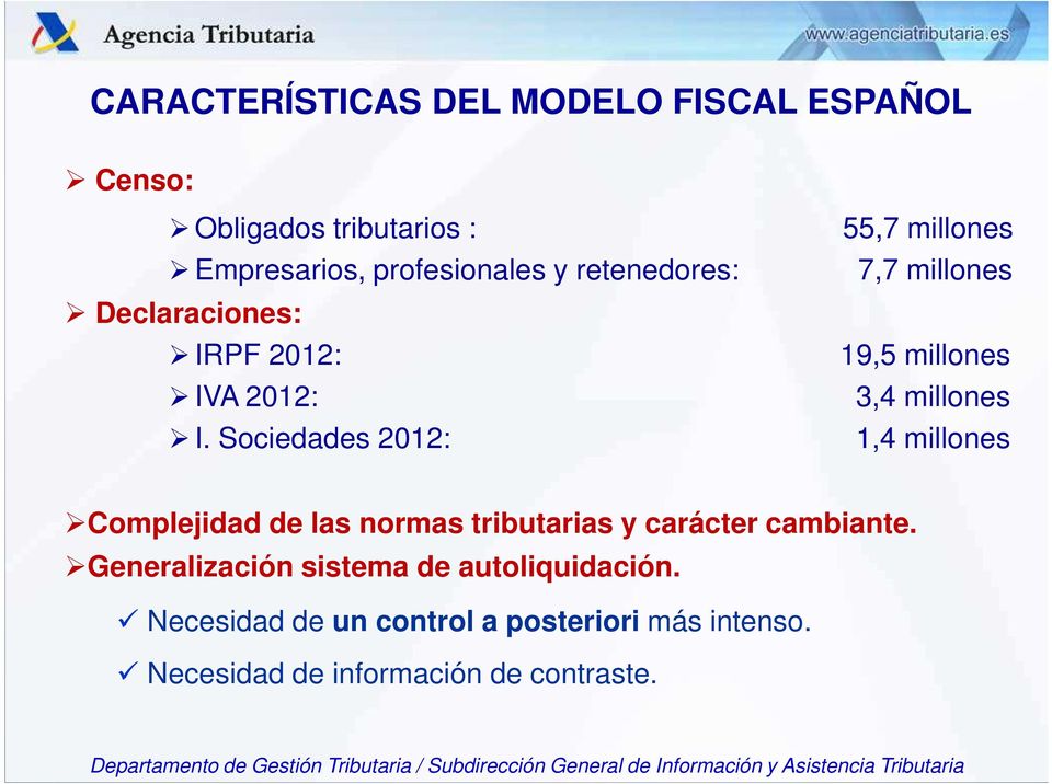 Sociedades 2012: 1,4 millones Complejidad de las normas tributarias y carácter cambiante.