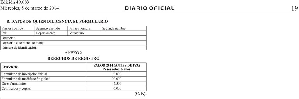 2014 (ANTES DE IVA) Pesos colombianos Formulario de inscripción inicial 30.
