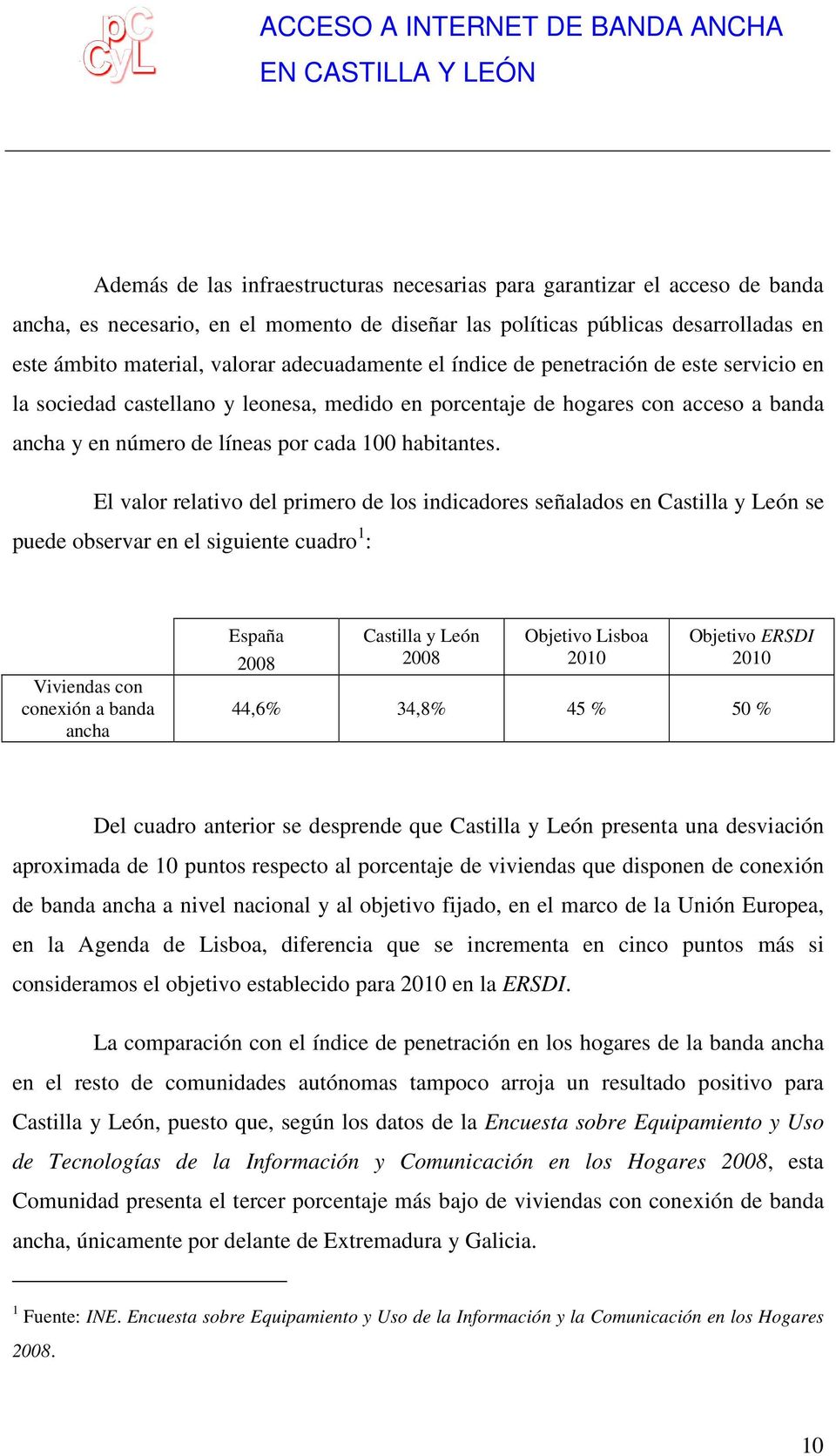 El valor relativo del primero de los indicadores señalados en Castilla y León se puede observar en el siguiente cuadro 1 : Viviendas con conexión a banda ancha España 2008 Castilla y León 2008