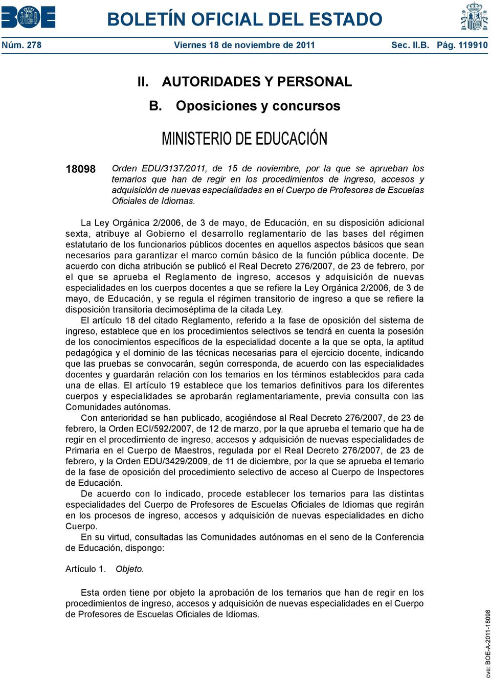 adquisición de nuevas especialidades en el Cuerpo de Profesores de Escuelas Oficiales de Idiomas.
