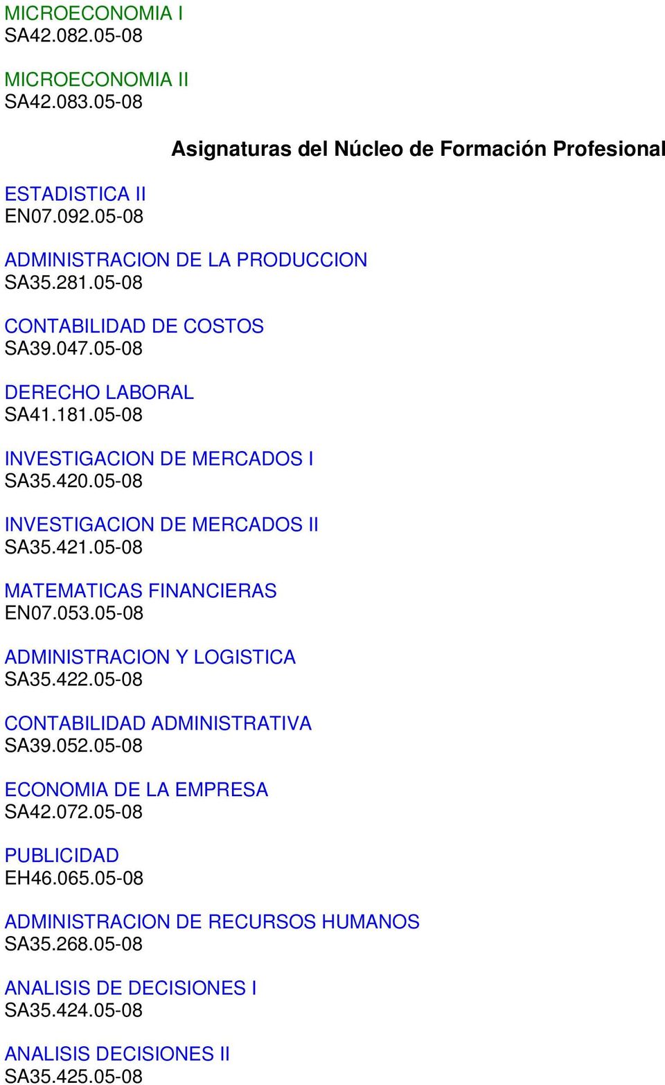 05-08 INVESTIGACION DE MERCADOS I SA35.420.05-08 INVESTIGACION DE MERCADOS II SA35.421.05-08 MATEMATICAS FINANCIERAS EN07.053.05-08 ADMINISTRACION Y LOGISTICA SA35.