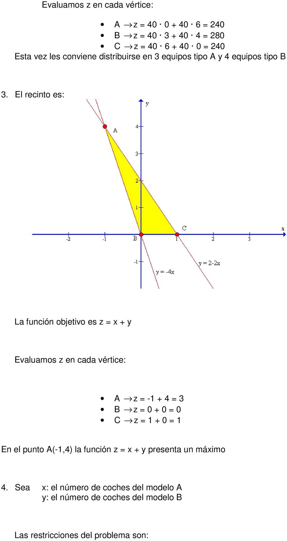 El recinto es: La función objetivo es z = x + y Evaluamos z en cada vértice: A z = -1 + 4 = 3 B z = 0 + 0 = 0 C z = 1 +