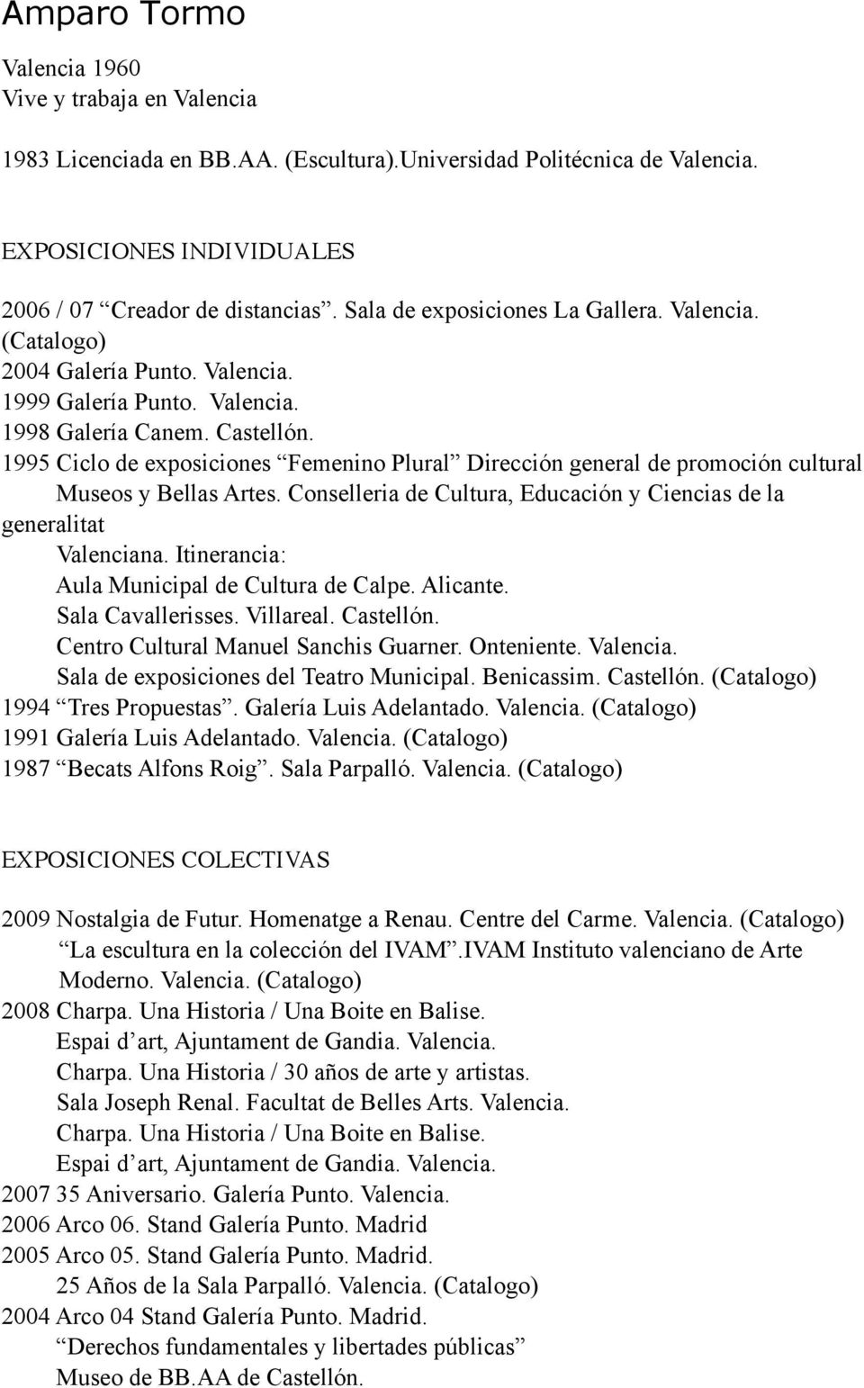 1995 Ciclo de exposiciones Femenino Plural Dirección general de promoción cultural Museos y Bellas Artes. Conselleria de Cultura, Educación y Ciencias de la generalitat Valenciana.