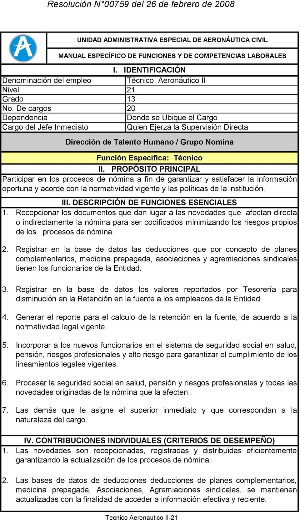 COMPETENCIAS LABORALES Dirección de Talento Humano / Grupo Nomina Función Específica: Técnico II.