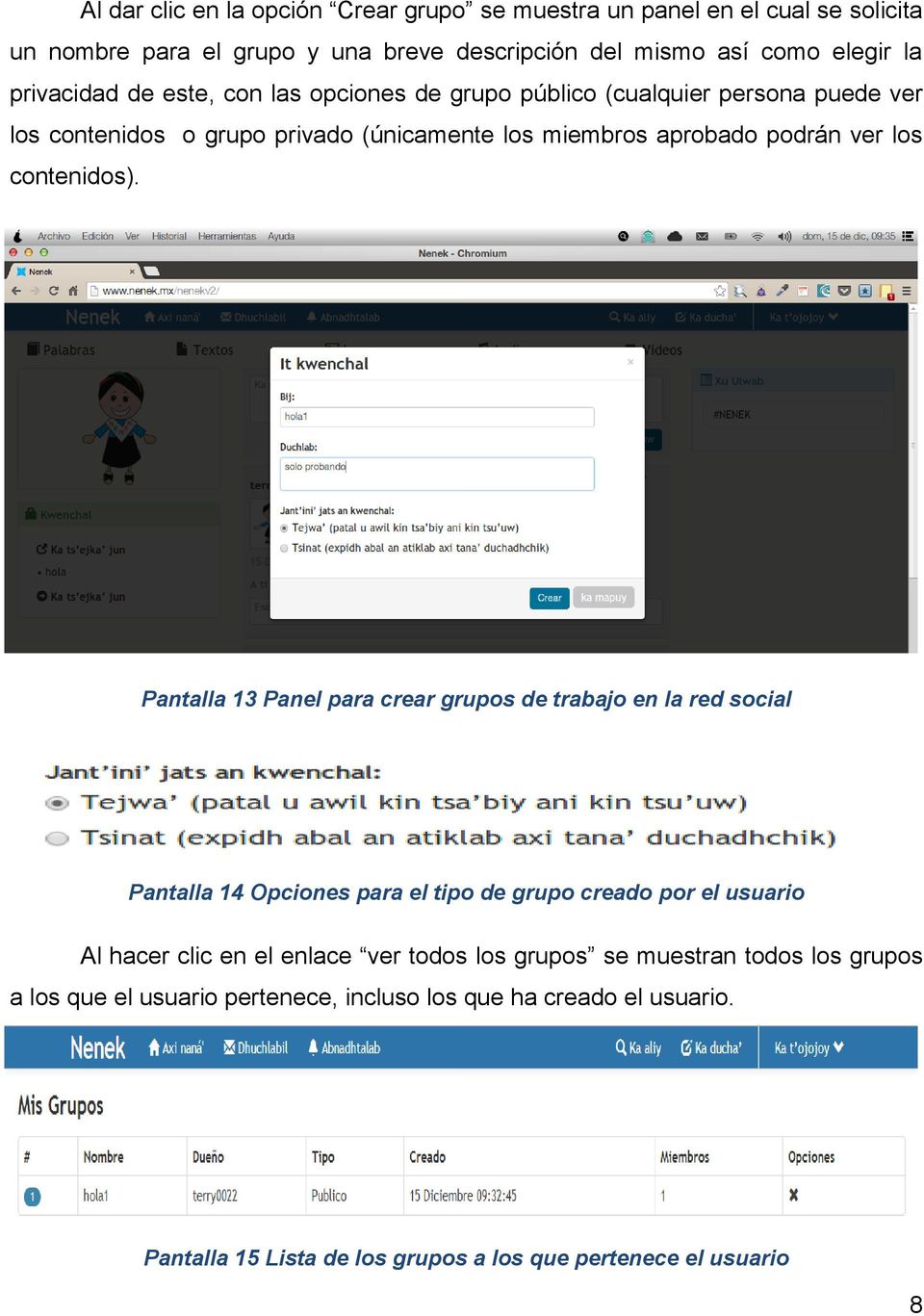 Pantalla 13 Panel para crear grupos de trabajo en la red social Pantalla 14 Opciones para el tipo de grupo creado por el usuario Al hacer clic en el enlace ver todos