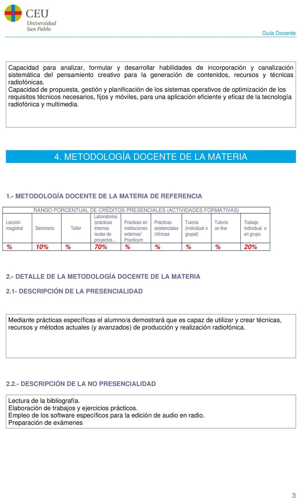 tecnología radiofónica y multimedia. 4. METODOLOGÍA DOCENTE DE LA MATERIA 1.
