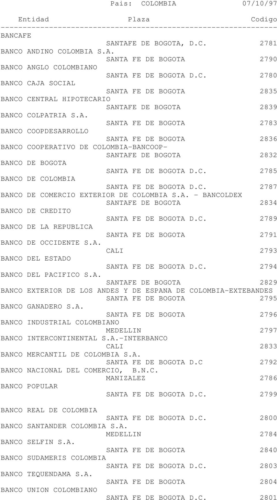 C. 2785 BANCO DE COLOMBIA SANTA FE DE BOGOTA D.C. 2787 BANCO DE COMERCIO EXTERIOR DE COLOMBIA S.A. - BANCOLDEX SANTAFE DE BOGOTA 2834 BANCO DE CREDITO SANTA FE DE BOGOTA D.C. 2789 BANCO DE LA REPUBLICA SANTA FE DE BOGOTA 2791 BANCO DE OCCIDENTE S.