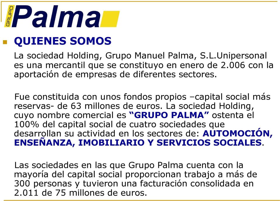 La sociedad Holding, cuyo nombre comercial es GRUPO PALMA ostenta el 100% del capital social de cuatro sociedades que desarrollan su actividad en los sectores de: