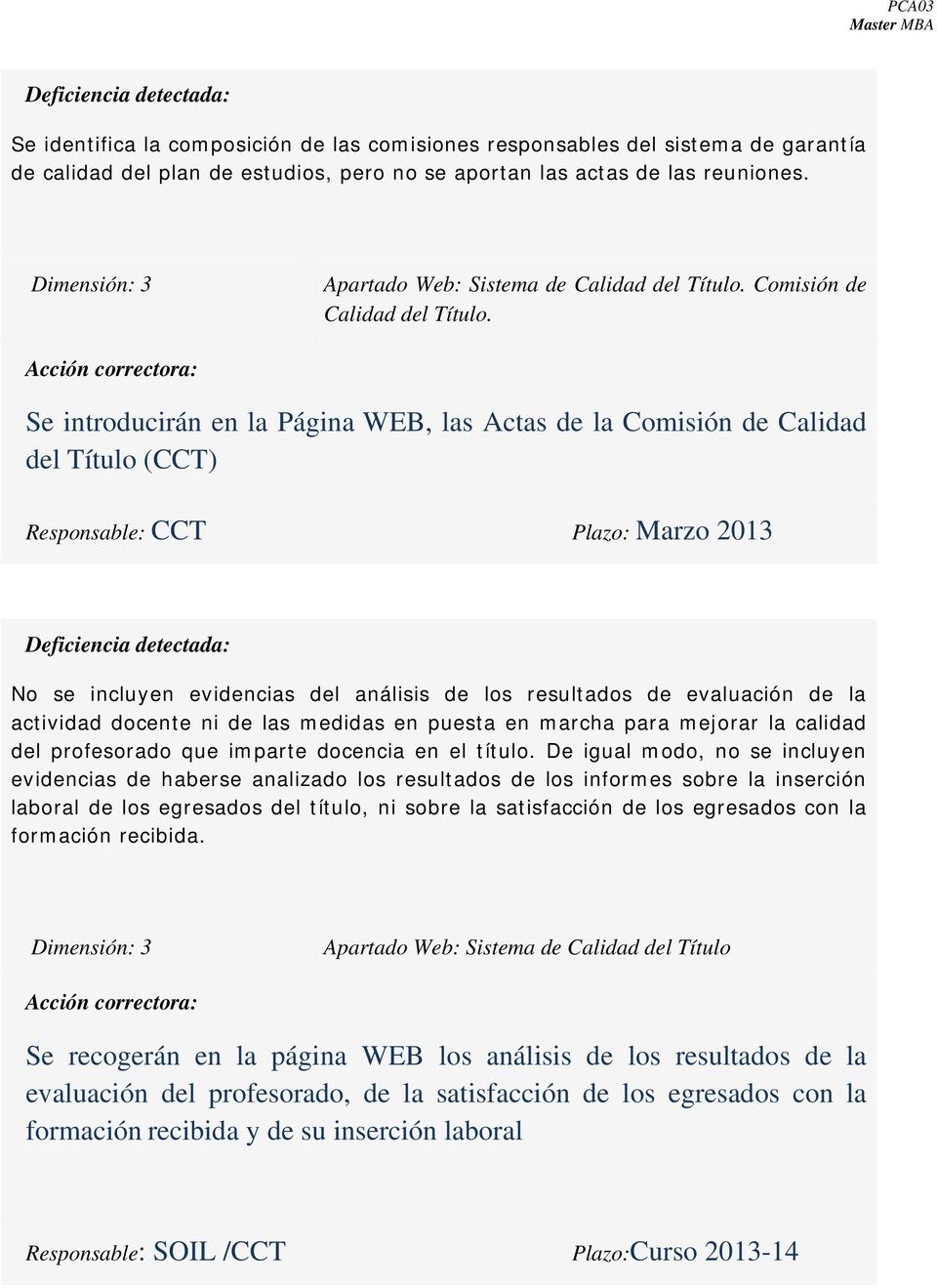 Se introducirán en la Página WEB, las Actas de la Comisión de Calidad del Título (CCT) Responsable: CCT Plazo: Marzo 2013 No se incluyen evidencias del análisis de los resultados de evaluación de la