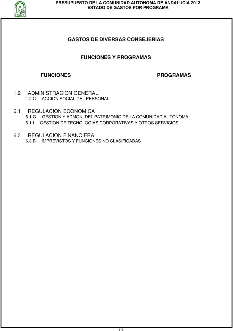 1.G GESTION Y ADMON. DEL PATRIMONIO DE LA COMUNIDAD AUTONOMA 6.1.I GESTION DE TECNOLOGIAS CORPORATIVAS Y OTROS SERVICIOS 6.