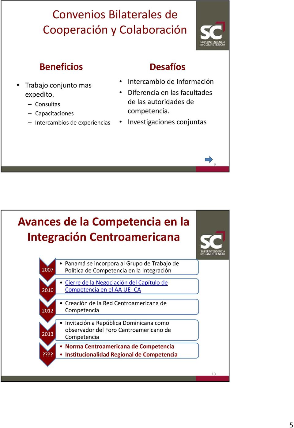 Intercambios de experiencias Investigaciones conjuntas 9 Avances de la Competencia en la Integración Panamá se incorpora al Grupo de Trabajo de 2007 Política de