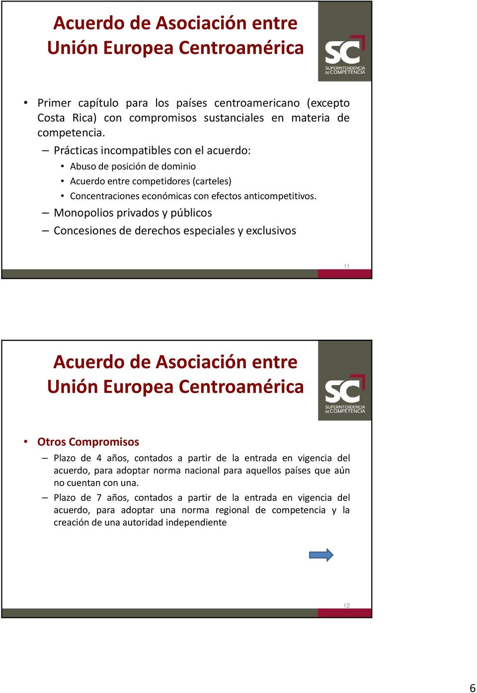 Monopolios privados y públicos Concesiones de derechos especiales y exclusivos 11 Acuerdo de Asociación entre Unión Europea Centroamérica Otros Compromisos Plazo de 4 años, contados a partir de la
