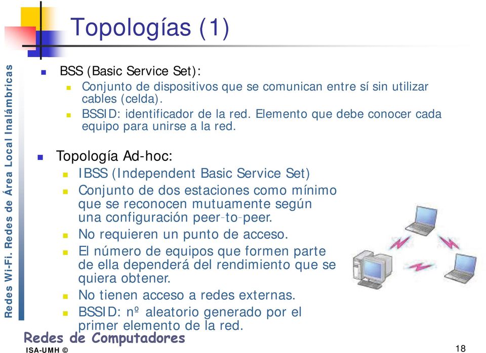 Topología Ad-hoc: IBSS (Independent Bic Service Set) Conjunto de dos estaciones como mínimo que se reconocen mutuamente según una configuración