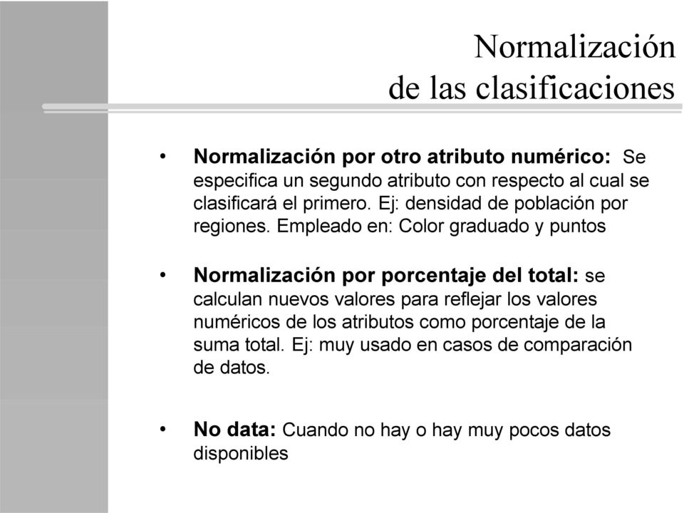 Empleado en: Color graduado y puntos Normalización por porcentaje del total: se calculan nuevos valores para reflejar los