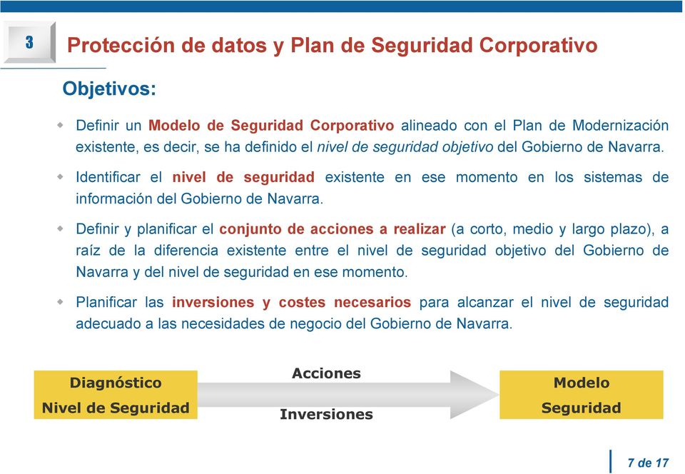 Definir y planificar el conjunto de acciones a realizar (a corto, medio y largo plazo), a raíz de la diferencia existente entre el nivel de seguridad objetivo del Gobierno de Navarra y del nivel de
