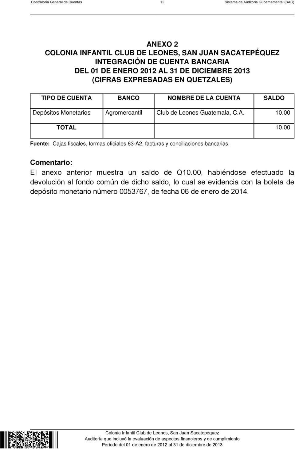 Guatemala, C.A. 10.00 TOTAL 10.00 Fuente: Cajas fiscales, formas oficiales 63-A2, facturas y conciliaciones bancarias. Comentario: El anexo anterior muestra un saldo de Q10.