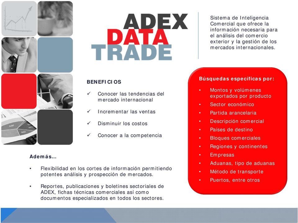 análisis y prospección de mercados. Reportes, publicaciones y boletines sectoriales de ADEX, fichas técnicas comerciales así como documentos especializados en todos los sectores.