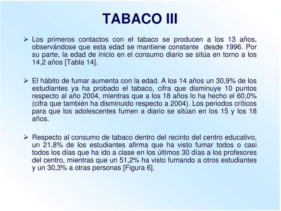 A los 14 años un 30,9% de los estudiantes ya ha probado el tabaco, cifra que disminuye 10 puntos respecto al año 2004, mientras que a los 18 años lo ha hecho el 60,0% (cifra que también ha disminuido