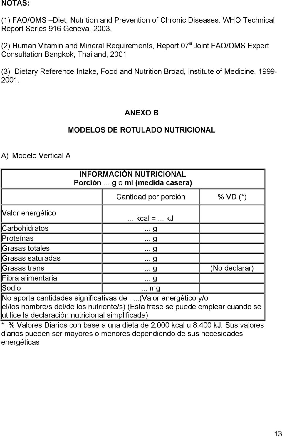 1999-2001. ANEXO B MODELOS DE ROTULADO NUTRICIONAL A) Modelo Vertical A INFORMACIÓN NUTRICIONAL Porción... g o ml (medida casera) Cantidad por porción % VD (*) Valor energético... kcal =.