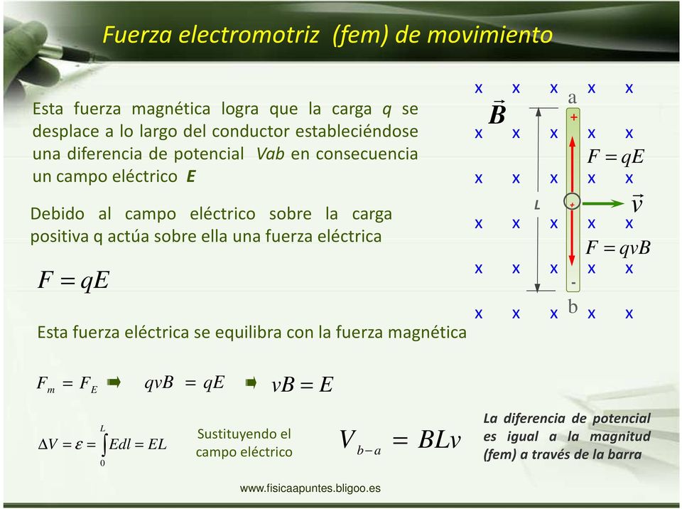 eléctrica F qe Esta fuerza eléctrica se equilibra con la fuerza magnética x x x x x a B r + x x x x x F qe x x x x x L x x x x x F qvb x x x x x x x