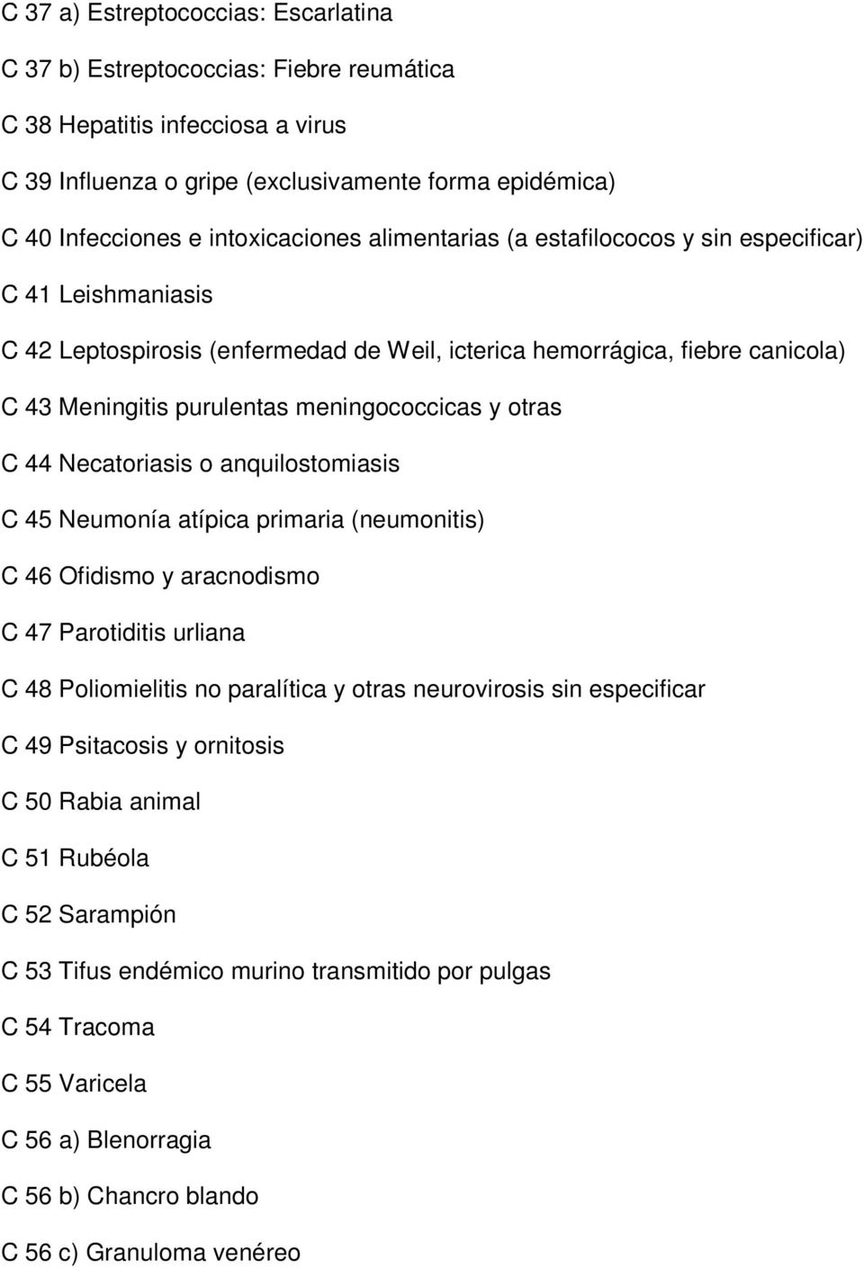 meningococcicas y otras C 44 Necatoriasis o anquilostomiasis C 45 Neumonía atípica primaria (neumonitis) C 46 Ofidismo y aracnodismo C 47 Parotiditis urliana C 48 Poliomielitis no paralítica y otras