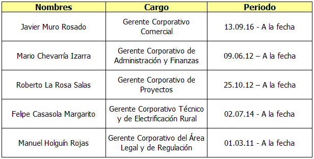 El Comité Corporativo de Gestión está conformado por: Los principales funcionarios de Electronoroeste S.A. son: Nombres Cargo Periodo Enrique Garcia Guerra Gerente Regional 02.11.
