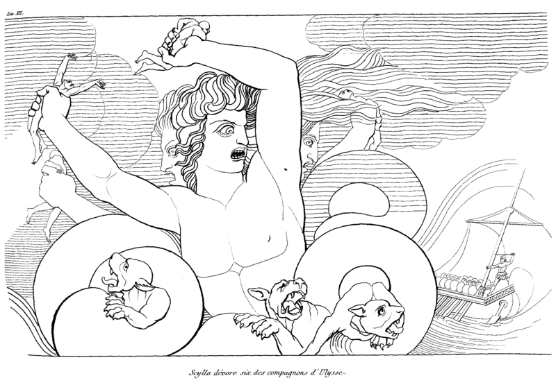 -Escila. La escena representa al monstruo Escila atacando la nave de Ulises.
