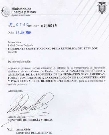 EIA para Lote 31 Ecuador (Petrobras), 2007 - el MEM de Ecuador de acuerdo con ERD Fuente: MEM Ecuador, MEMORANDO No. 405 DINAPA EEA-2007, 20 de junio de 2007.