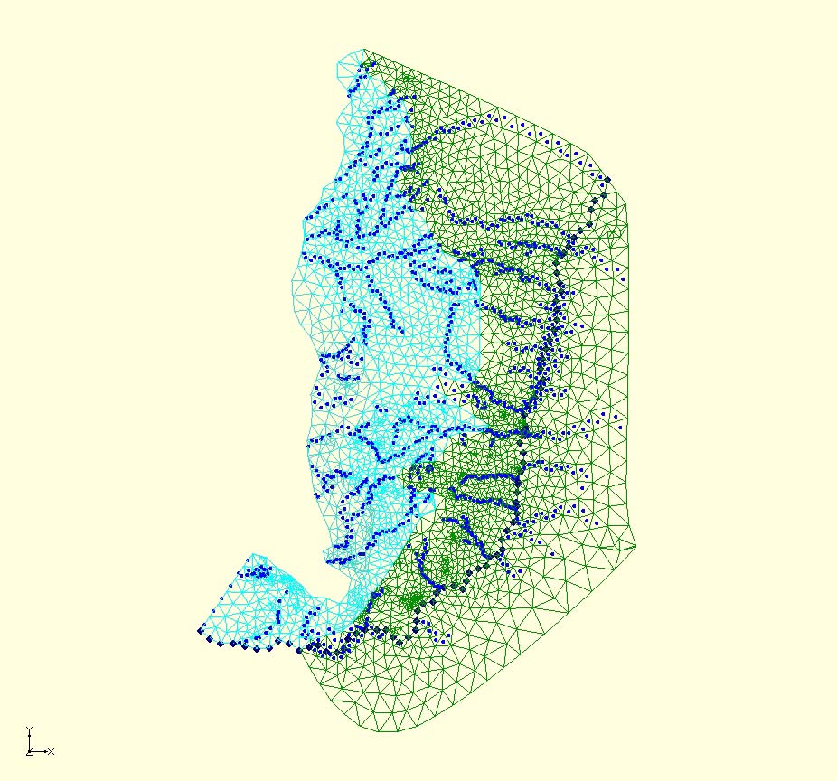 Figura 6. Los rombos muestran la ubicación del río Paraná en el modelo, que es adoptado como con altura consante. Los demás ríos se muestran con puntos y actúan como efluentes/afluentes.