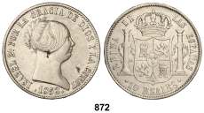 PUJA INICIAL EN UROS F 868 40 Céntimos de Escudo. 1868 (*18-68). MADRID. 5,05 grs. Cal-340. EBC-............ 30, F 869 10 Reales. 1852. BARCELONA. 12,92 grs. (Golpecito en canto). Cal-207. MBC+.