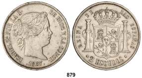 STARTING PRICE IN UROS F 876 20 Reales. 1850. MADRID. 26,03 grs. Pátina. (Golpecitos en canto). Cal-171. MBC....... 90, F 877 20 Reales. 1858. MADRID. 25,70 grs. (Rayitas y golpecitos en canto).