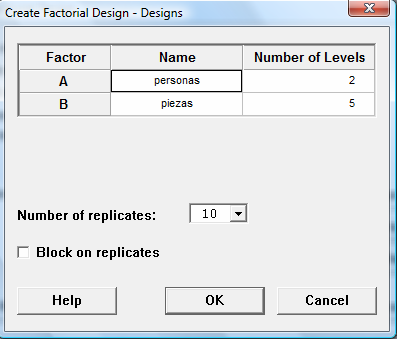 2. Se hizo click en la opción create factorial design para obtener los arreglos aleatorios.
