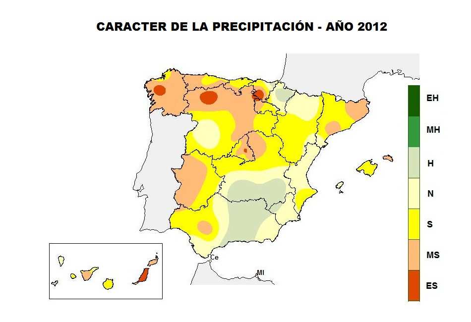 PRECIPITACIONES Características pluviométricas generales del año El año 2012 fue más seco de lo normal en la mayor parte de España.