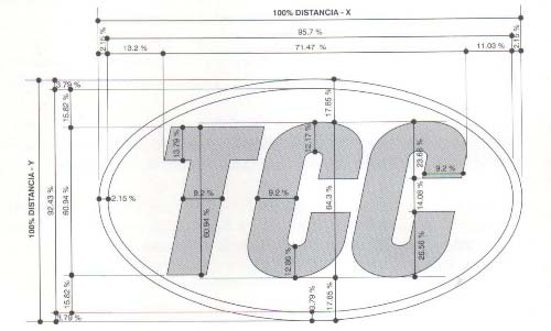 Plano técnico La retícula superpuesta al logotipo de TCC nos muestra de forma precisa las relaciones estructurales que existen entre las letras, el fondo y el reborde, elementos que conforman el