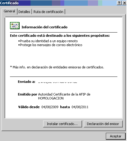 Usuario, (CUIT: 20-00000000-1) Para importar el certificado a su PC deberá cliquear sobre Importarlo a su navegador (Recomendado), momento en el que aparecerá la siguiente pantalla donde deberá
