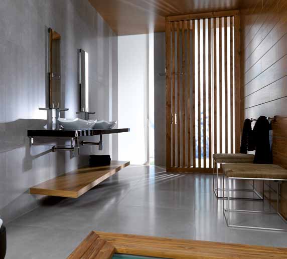 Espacios de baño Bath Spaces Espaces Bain 1 2 1 Revestimiento Wall Tile Faïence microcemento gris 80x80 cm Pavimento Floor Tile Carrelage de Sol microcemento gris 80x80 cm Mob.