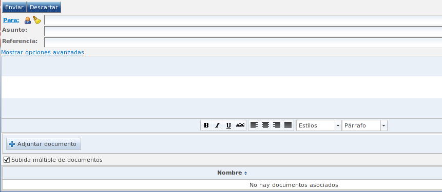 La opción Redactar, disponible para los usuarios que tengan el perfil de redacción, muestra un acceso a la pantalla de redacción de peticiones, permitiendo enviar peticiones a otros usuarios del