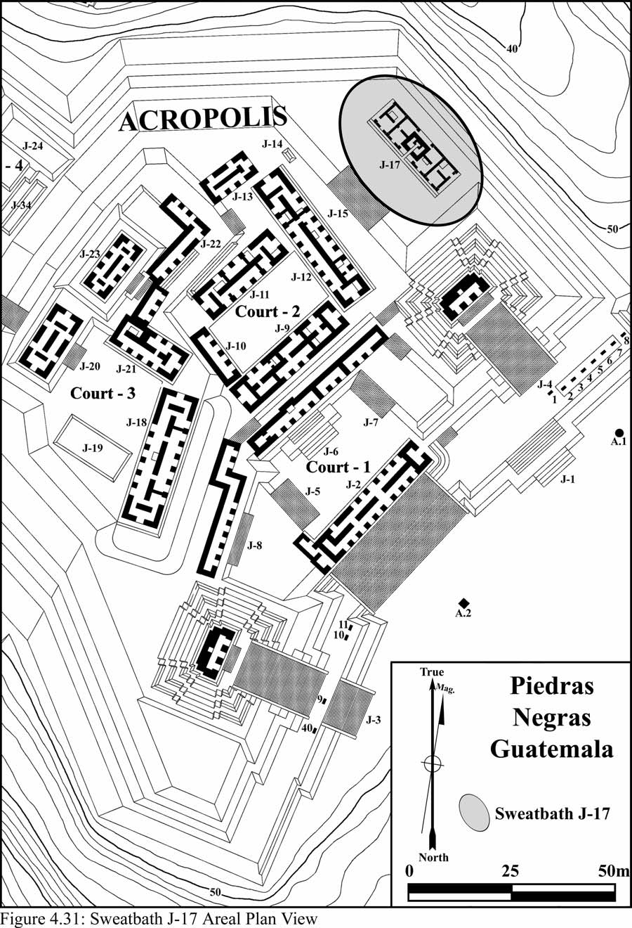 Fig. 41 Ubicación de estelas y altares en la plaza del grupo Oeste de