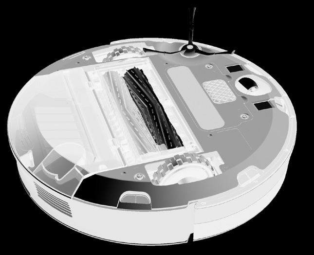 Anatomía del robot Vista superior Vista inferior Módulo de la rueda derecha Extractores AeroForce Cepillo lateral giratorio Cubierta frontal Botón de liberación del depósito Depósito potente y de