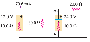 Ejercicio 11 En el circuito de la figura se mide la corriente que pasa a través de la batería de 12.0 V y resulta ser de 70.6 ma en el sentido que se indica.
