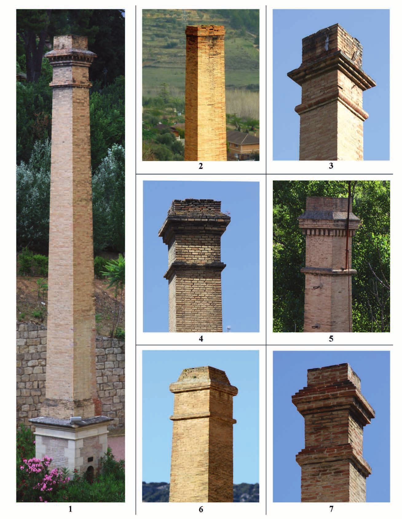 Las chimeneas de ladrillo en la circunscripción industrial de Alcoi Lámina IX. Ejemplos de chimeneas de fuste. 1. La Filera (núm. 39); 2. Molí del Racó (núm.